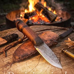 May include: A handmade knife with a wooden handle and leather sheath rests on a wooden surface. The knife blade has a textured finish. The background features a campfire and the text "Prairiewind Handmade Knives".