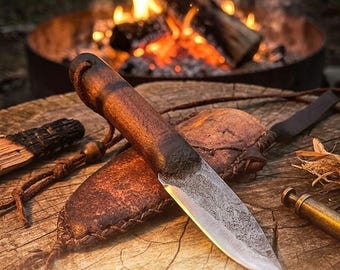 Handmade Mountain Man Knife: Rustic Bushcraft Style, Frontier Neck Sheath, Cowboy Knife, Entirely Made in the USA by Hand