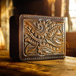 Cartera / clip para billetes de cuero resistente hecho a mano con diseños personalizados únicos: un regalo perfecto y único para papá