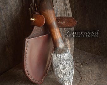 Handmade Bushcraft Belt Knife | Unique Rustic Leather Sheath | Primitive Forged and Handcrafted in the USA.