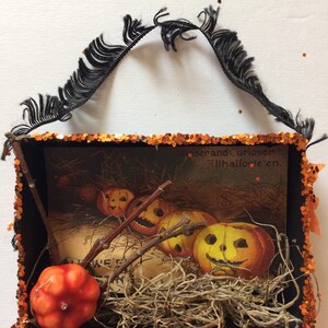 Pu&ograve; includere: Una scatola ombra a tema Halloween con dettagli arancioni e neri. Contiene un'illustrazione vintage di zucche intagliate, ramoscelli e muschio secco. La parte superiore ha una frangia nera e i bordi sono rifiniti con paillettes arancioni.