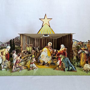 Vintage Large Die Cut Cardboard Nativity Scene, Stable, Manger