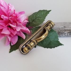 May include: A gold-toned metal drawer pull with a decorative design. The pull has a curved handle and a rounded end.