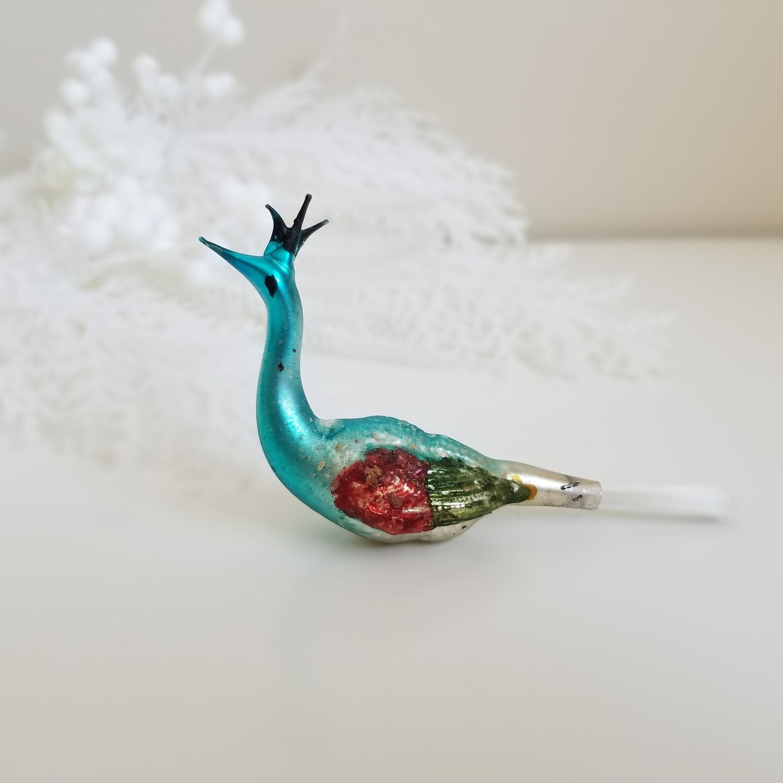 Glass Bird, Vintage German Blown Glass Peacock Christmas Ornament