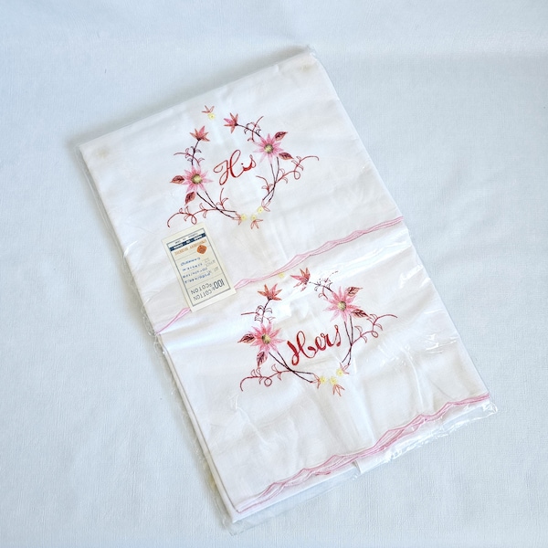 Vintage Pair of Embroidered His and Hers Pillowcases, Pink Flowers, Scalloped Edging