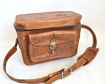 Vintage Leather Camera Travel Bag, Native Design Crossbody Camera Satchel Bag