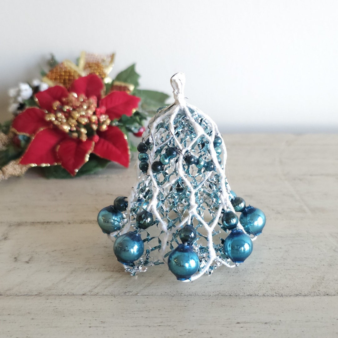 Vintage Wire Mesh Christmas Bell, Blue Blown Glass Beads, Christmas