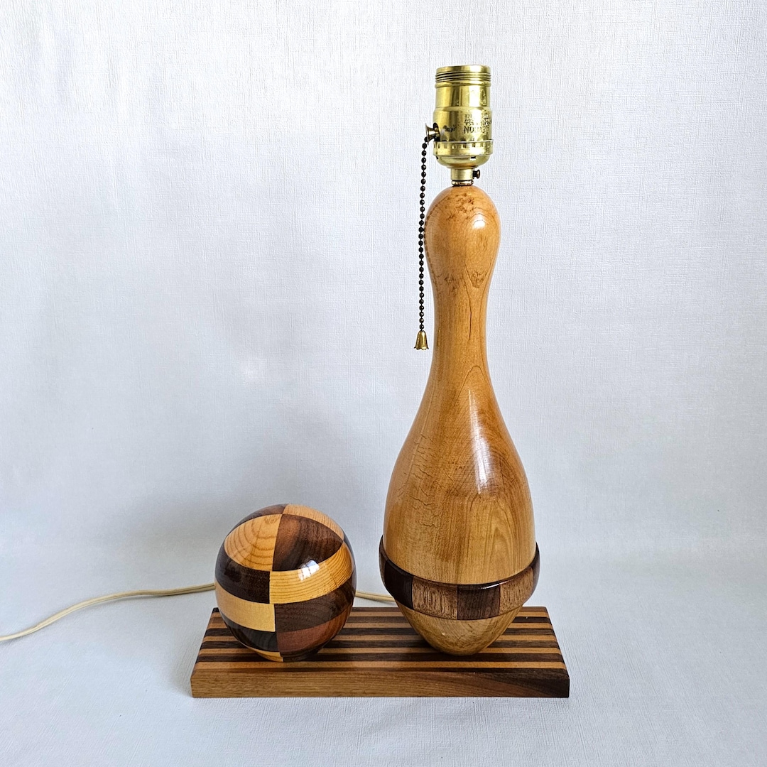Vintage MCM Bowling Ball and Pin Table Lamp, Handmade Inlaid Wood Lamp ...