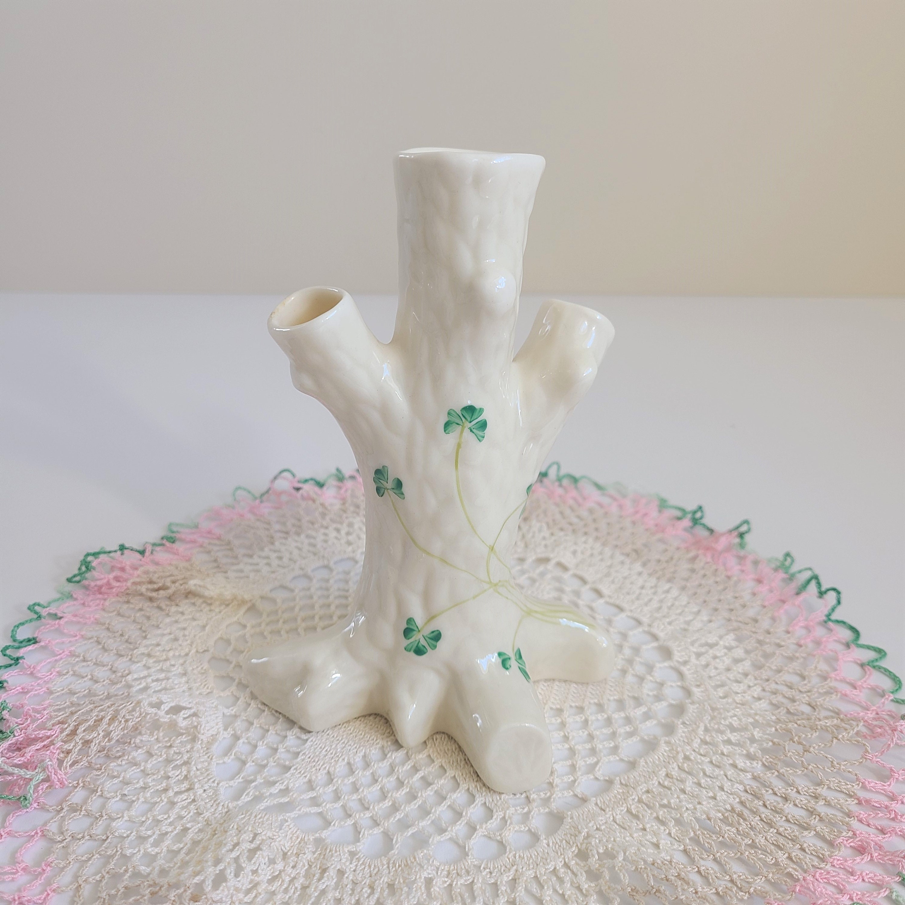 Vintage Irish Belleek tree Stump Vase Green Etsy
