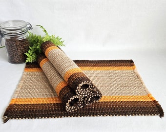 Vintage Placemats, Woven Set of 4 Brown and Orange Striped Placemats