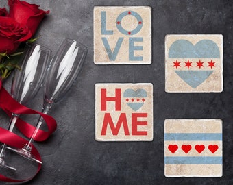 Chicago Love Coaster Set - Chicago Heart Flag, Love, Home - Valentine's Day, Mother's Day, Wedding, Bridal Shower, Anniversary Gift