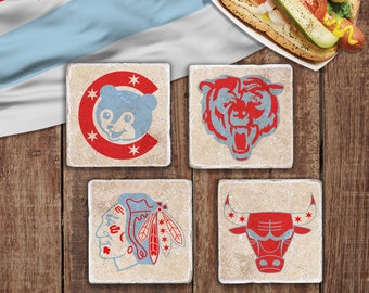 Chicago Sports Tile Coaster Set - Hawks, Bears, Bulls, Cubs ou Sox