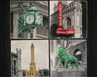 Vintage Chicago Landmark Tile Coaster Set - Marshall Fields, Chicago Theater, Watertower, Art Institute