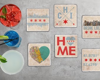 Chicago Coaster Set - Mix & Match - Chicago Flag, Skyline, Drink Local, Neighborhood Map, Coordinates, Arrows, Love, Home