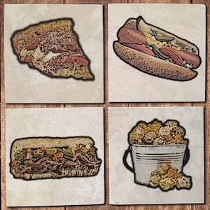 May include: A collage of four images featuring different food items. The top left image shows a slice of pizza with a thick crust and a variety of toppings. The top right image shows a hot dog on a bun with mustard, ketchup, and relish. The bottom left image shows a sandwich with meat, cheese, and vegetables. The bottom right image shows a bucket of popcorn.