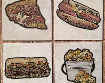 Chicago Style Food Tile Coaster Set - Deep Dish Pizza, Chicago Style Hot Dog, Italian Beef, Chicago Style Popcorn