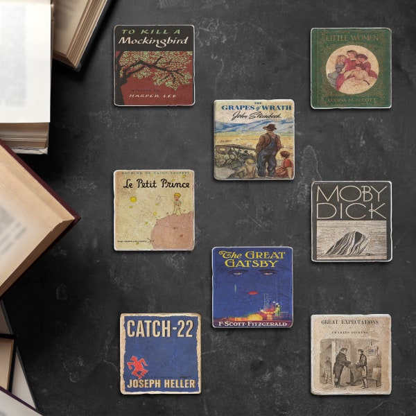 Classic Best Seller Book Vintage Cover Coasters - Mix & Match Set - Great Gatsby, Grapes of Wrath, The Hobbit, Moby Dick, Catcher in the Rye