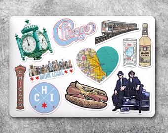 Chicago Food & Drink Stickers - 4 » - Chicago Hot Dog, Bœuf italien, Deep Dish Pizza, Boisson locale, Poignée de main de Chicago