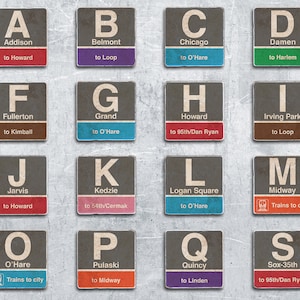 May include: A vintage-style poster with the letters A through S, each representing a Chicago 'L' train stop. Each letter is displayed on a separate tile with the name of the stop and its destination. The tiles are arranged in a grid pattern on a gray background.