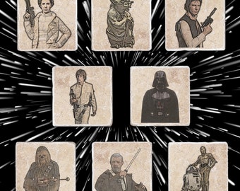 Star Wars Character Coasters - Mix & Match Set - Luke Skywalker, Dark Vador, Princesse Leia, Chewbacca, Yoda, Obi Wan, Hans Solo, R2D2, C3PO