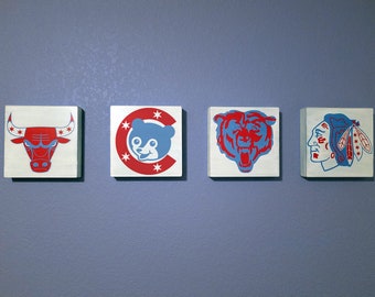 Chicago Sports Logos Wood Signs ~ Vintage Baseball, Basketball, Football, Hockey ~ Cubs, Sox, Blackhawks, Bears - Weathered Art