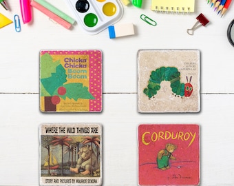 Classic Children's Best Seller Book Vintage Cover Coasters - Mix & Match Set - Chicka Chicka Boom Boom, Where the Wild Things Are, Corduroy