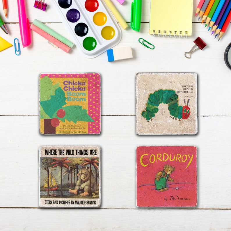 Classic Children's Best Seller Book Vintage Cover Coasters Mix & Match Set Chicka Chicka Boom Boom, Where the Wild Things Are, Corduroy image 1