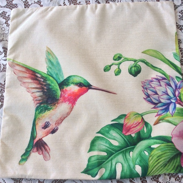 Pillow cover, hummingbird, cushion cover, hand painted , bamboo and linen, glittered, machine washable 18 x18