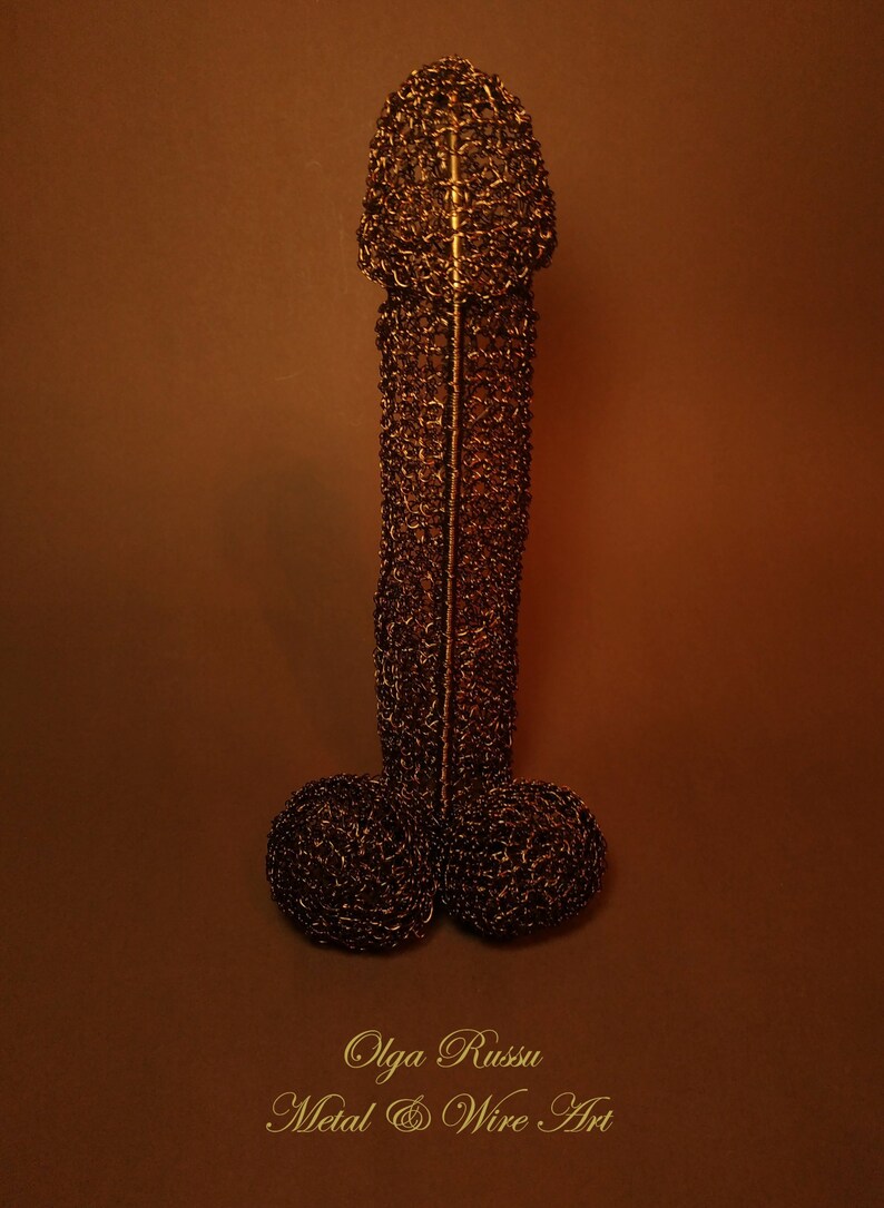 Knitted copper penis Honey I/'m home gift figurine erotic sculpture art statue decoration metal penis metal home decor penis decor