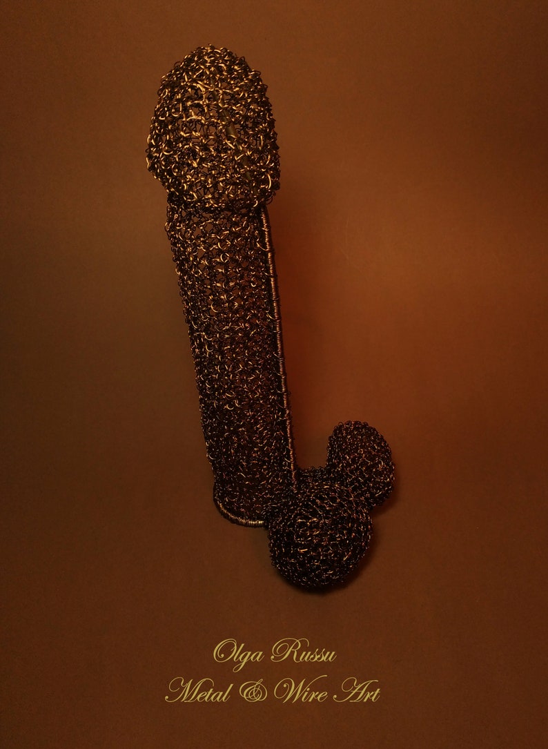 Knitted copper penis Honey I/'m home gift figurine erotic sculpture art statue decoration metal penis metal home decor penis decor