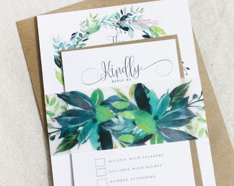 Botanical Wedding Invitations, Luxury Announcements, Cotton cardstock, Green and White, affordable invitation Sets, Floral stationary suite