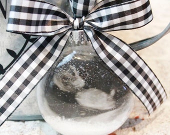 Glass ornament with picture, black and white plaid ornament, baby announcement christmas gift, ultrasound photo idea, grandparent gift