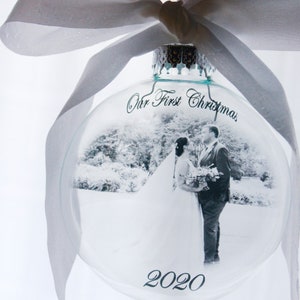 First Christmas Photo Ornament, Round Christmas bulb with picture, Married Christmas, family photo ornaments, glass globe ornament with pic