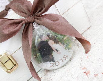Our First Christmas Ornament with picture, Photo ornament gift Ideas, Rose gold ornament with year and picture