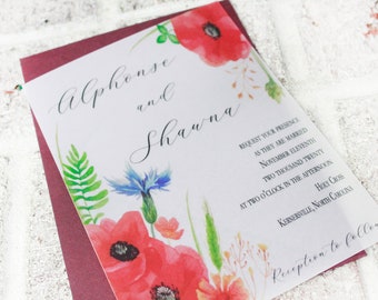 Vellum Invitations, Red Poppy wedding, translucent invitations, Unique wedding invitation sets, invitation suites, Printed invitations