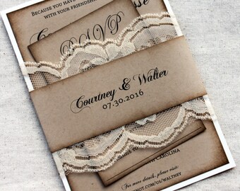 Rustic Wedding invitaiton KIT, Distresed wedding invitations, invitation set with RSVP Card, lace invitations, DIY wedding invitation set