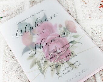 Blush pink floral wedding stationery, Translucent vellum invitation, romantic wedding invites, soft elegant invitations, floral invitations