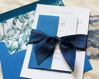 Navy Blue Wedding Invitations, Elegant Invitation Set, Formal wedding invites, invitation ensembles, Luxury invitation suite, vintage floral