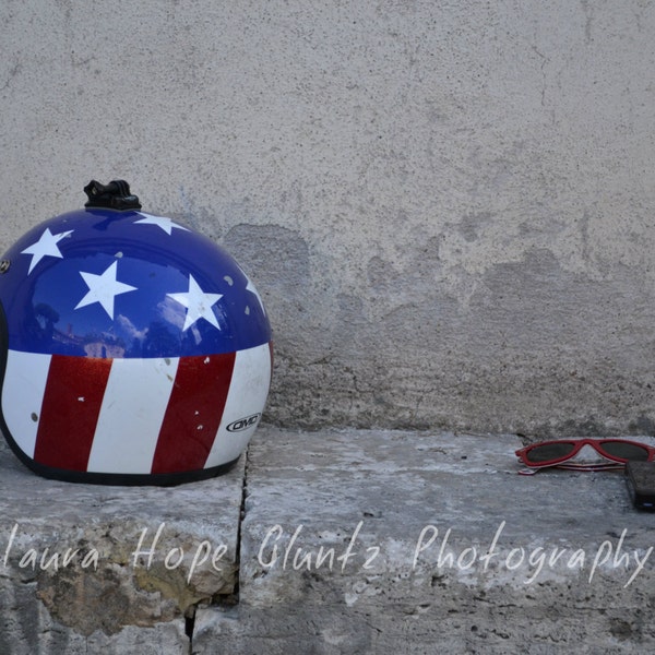 An American in Rome - Rome Italy - Vespa - Red White Blue - Helmet - Wall Art - Scooter - Vintage - motorcycle art