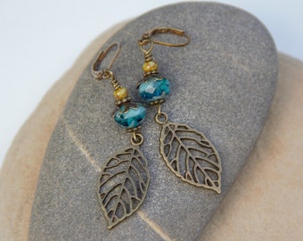 Deep Turquoise Czech Glass Bead and Leaf Earrings, Deep Blue Earrings, Antique Bronze Leaf Earrings
