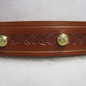 Hand Tooled Leather Hat Band with Brass Engraved Dome Spots.