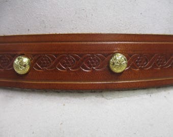 Hand Tooled Leather Hat Band with Brass Engraved Dome Spots.