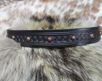 Tooled Leather Hat Band with Antique Copper Umbrella Spots.