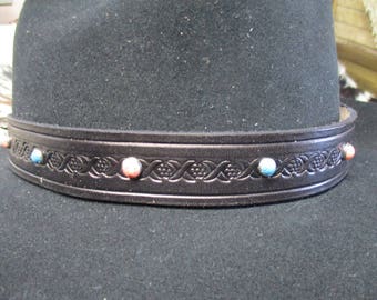 Hand Tooled Leather Hat Band with Turquoise and Coral Dome Spots.