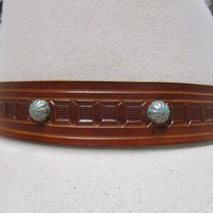 Hand Tooled Leather Hat Band with Aged Copper Umbrella Spots.