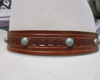 Hand Tooled Leather Hat Band with Aged Copper Umbrella Spots.