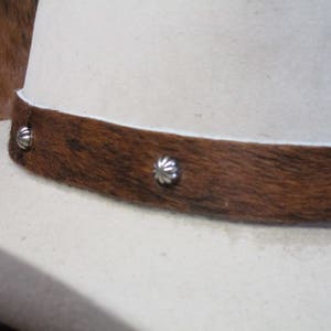 Hair On Brindle Cowhide Leather Hat Band with Umbrella Spots.