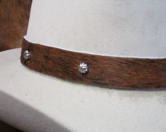 Hair On Brindle Cowhide Leather Hat Band with Umbrella Spots.