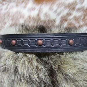 Hand Tooled Leather Hat Band with Antique Copper Umbrella Spots.