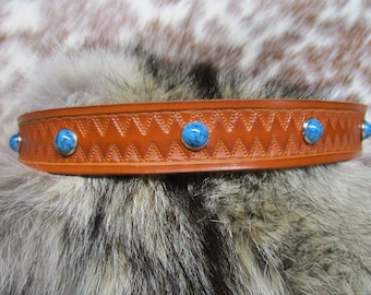 Tooled Leather Hatband with Turquoise Dome Spots